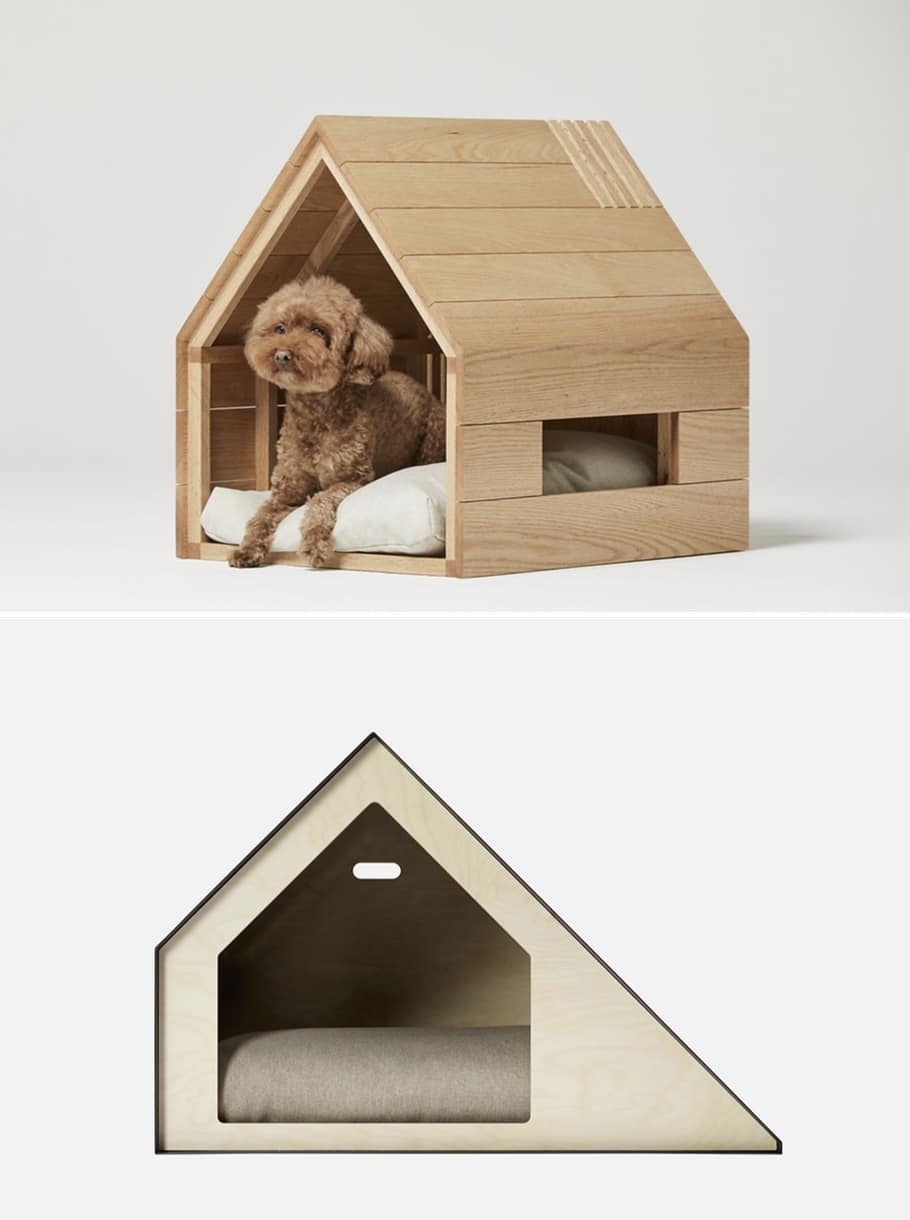 vivienda de madera para perros con cortes geometricos