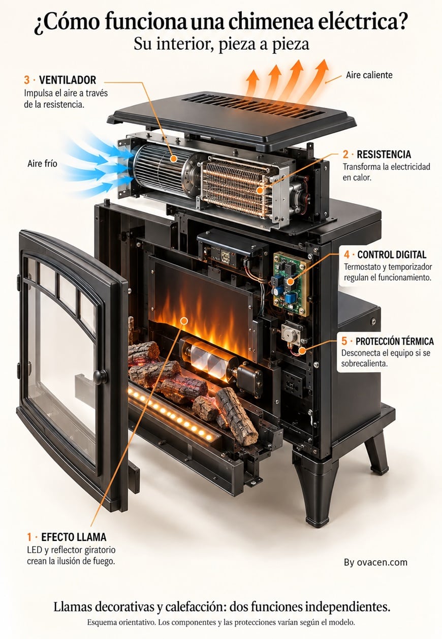 Cómo funciona una chimenea eléctrica con calefactor y efecto fuego con LED