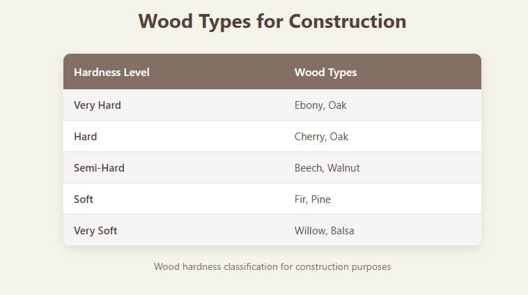 Hardness of the most common construction timbers