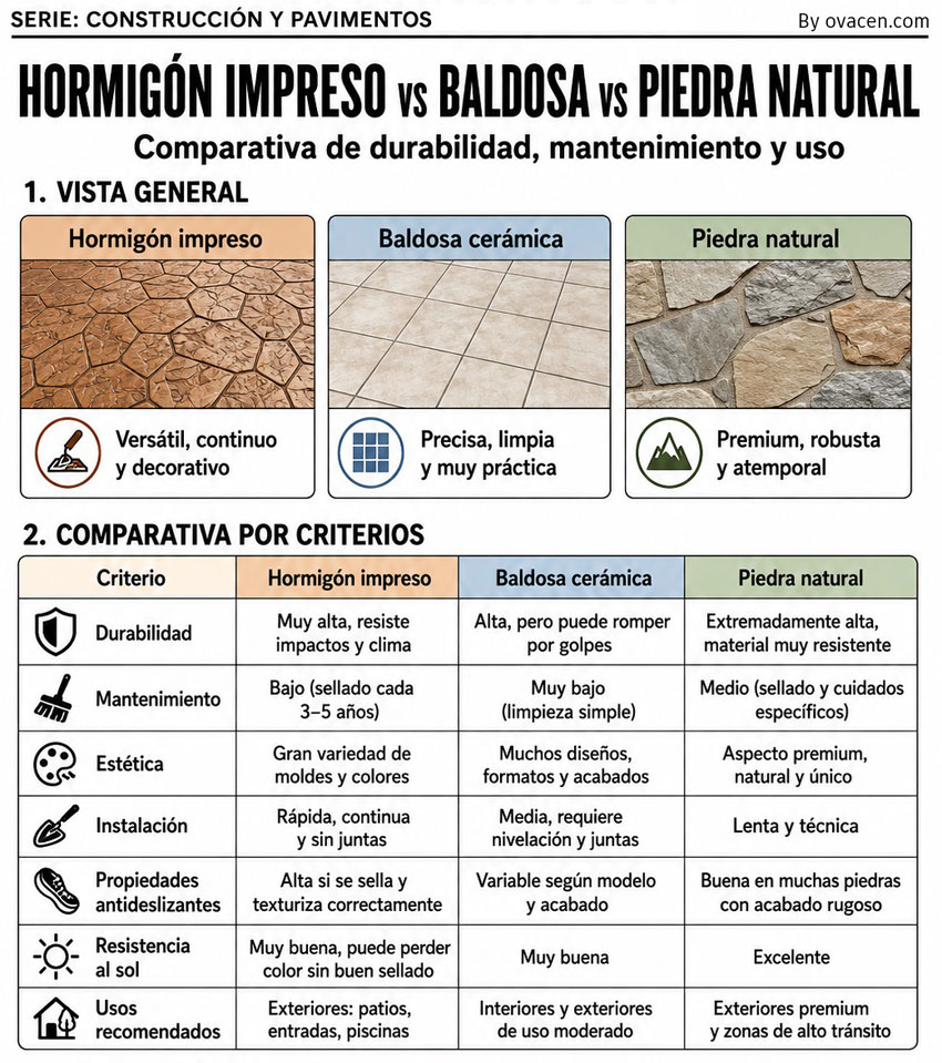 Comparativa hormigón impreso, baldosas y piedra natural