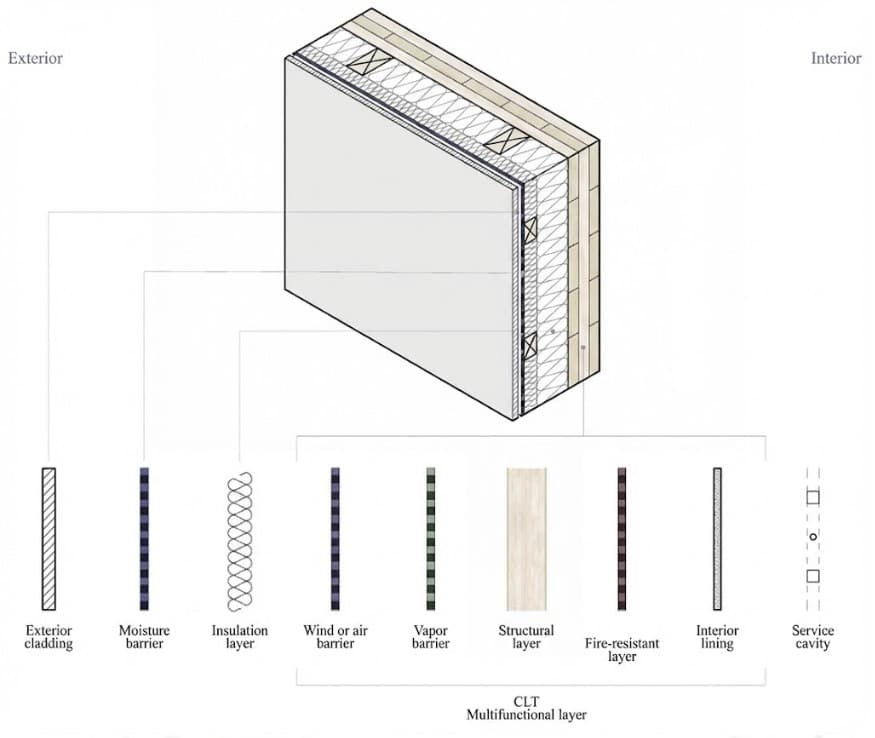cross-laminated clt wood panel on the exterior of the building