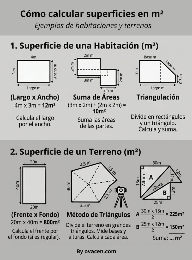 Ejemplos cómo calcular metros cuadrados de habitaciones y terrenos
