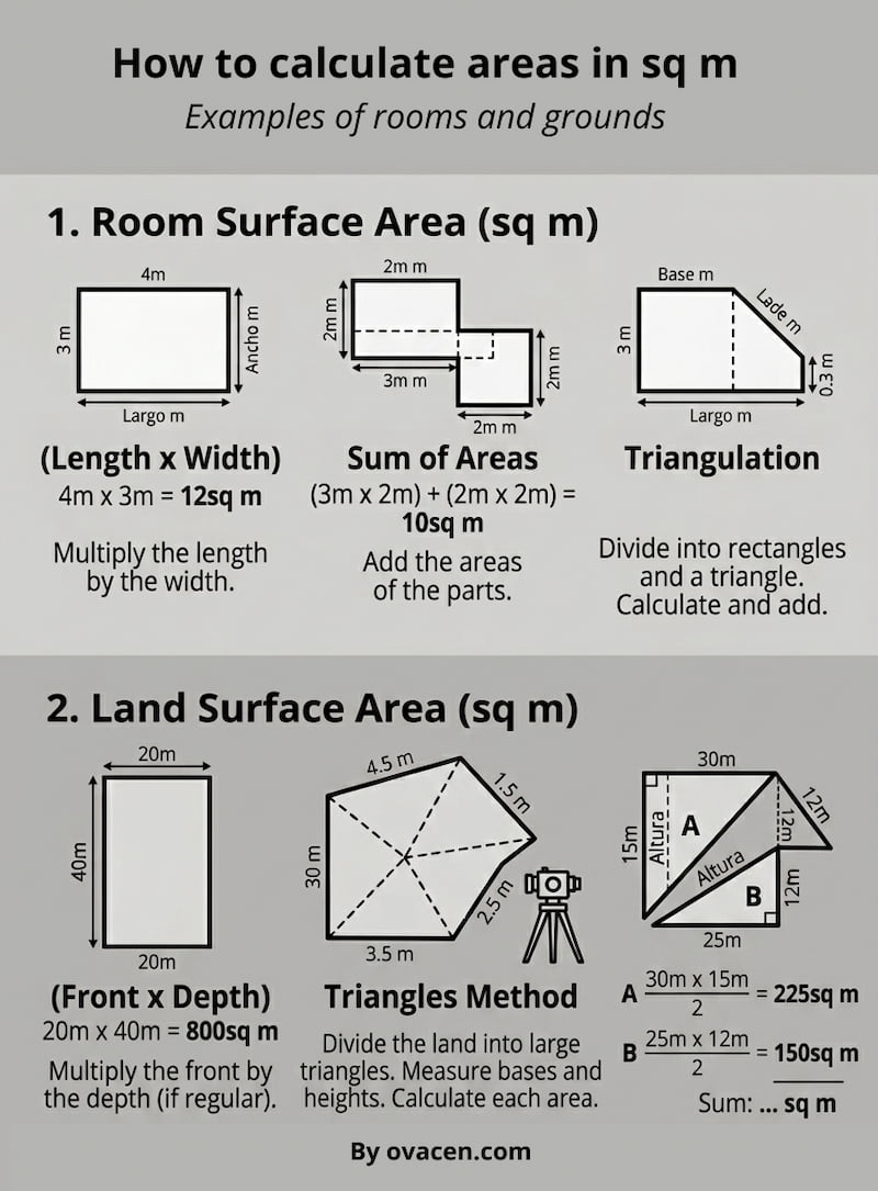 Examples of how to calculate square meters of rooms and land