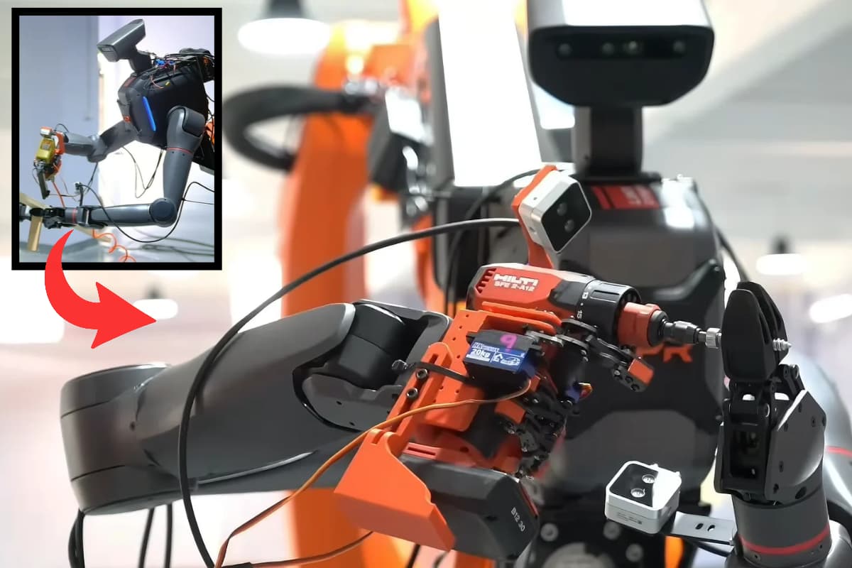 Robot hibrido construcción maneja herramientas reales de obra